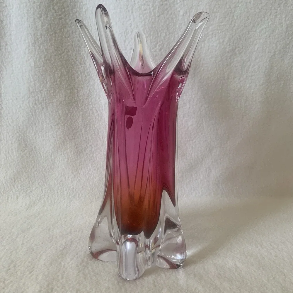 Czech Bohemian Josef Hospodka Chribska Starburst Art Glass Pink/Crystal 12